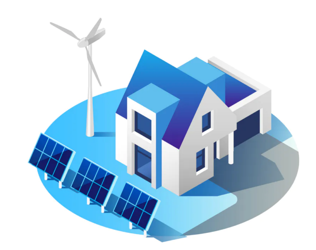 Illustration of house with solar panels and windmill