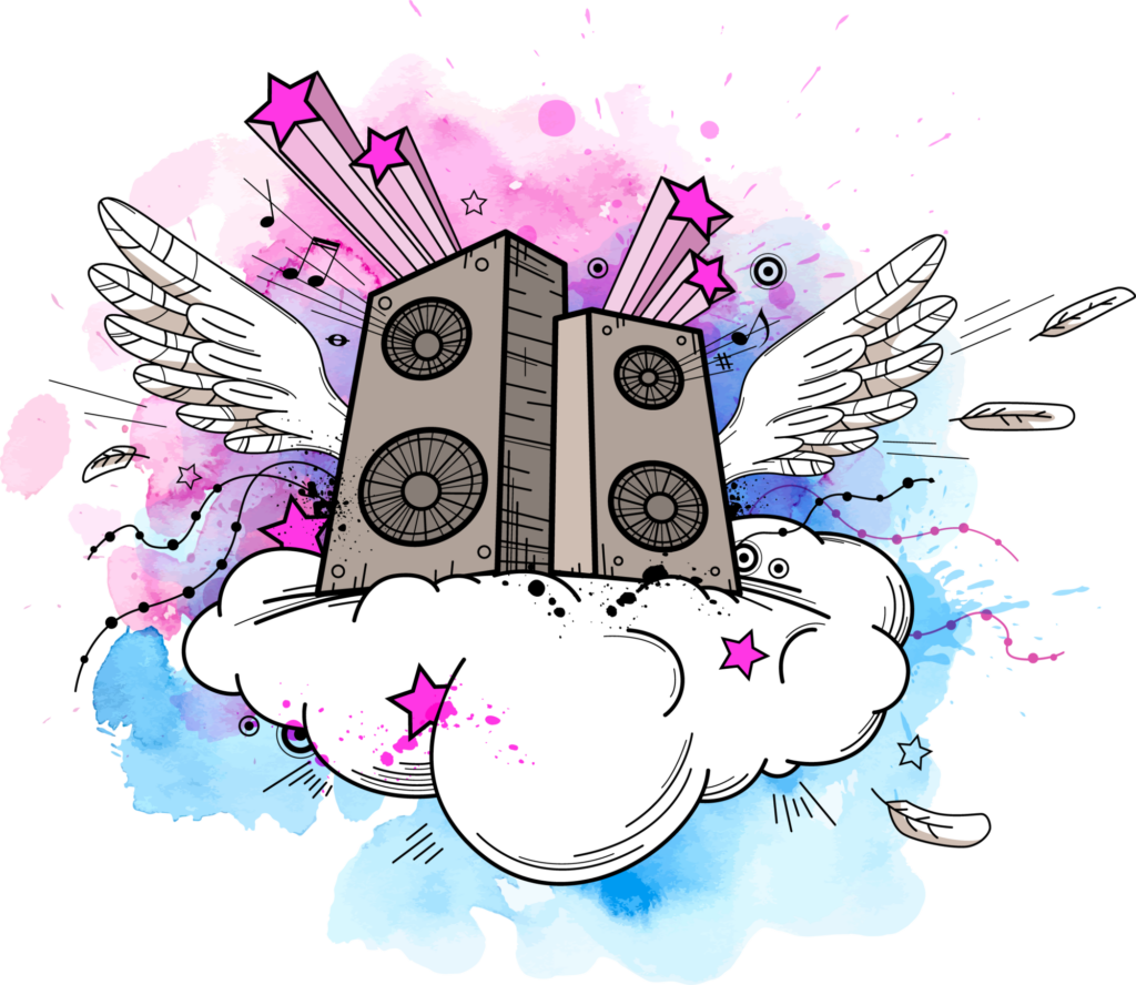 Illustration of big speakers on cloud and wings