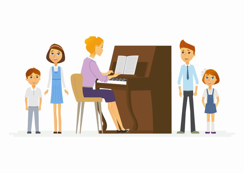 Illustration of woman playing piano with kids