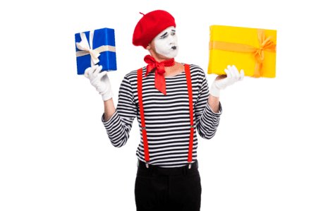 Mime artist with gifts in both hands