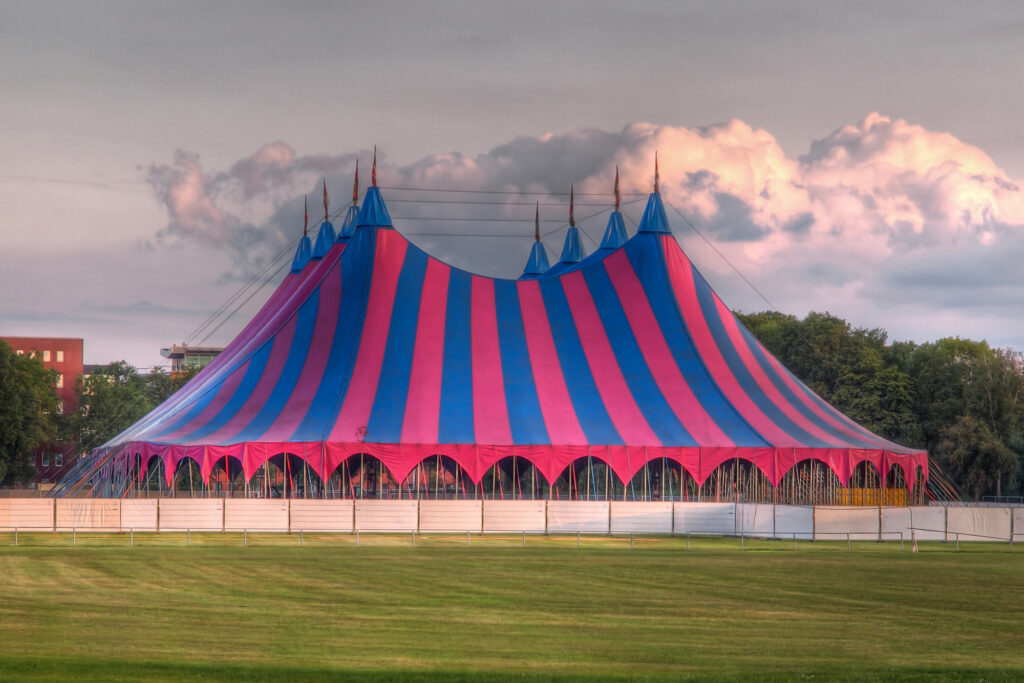 Big top festival tent in red blue colors