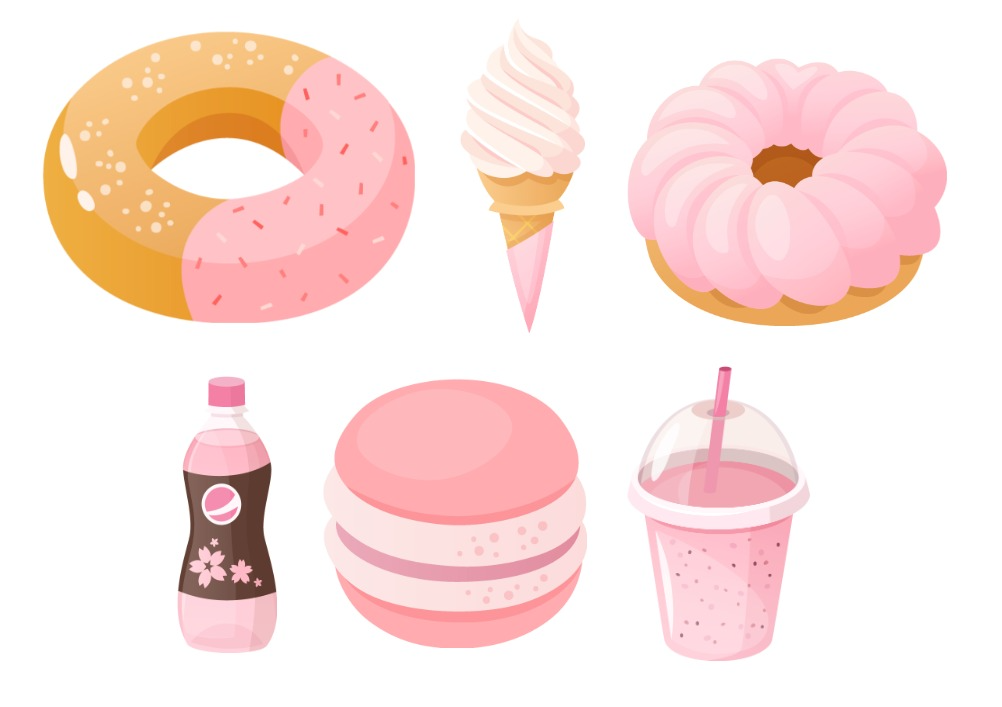 Graphic images of donuts ice cream soda burger and milkshake