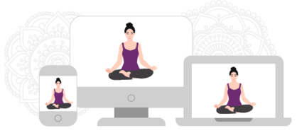 woman doing yoga on phone, desktop and laptop screen