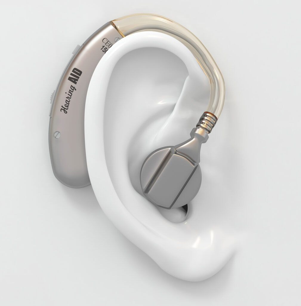 Hearing aid displayed on plastic ear