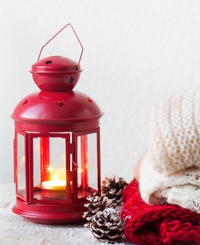 Red lantern with sweaters on side