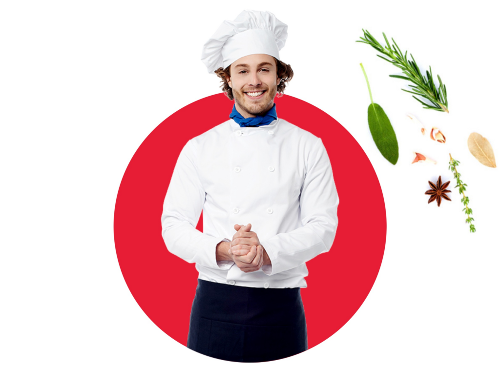 Chef looking at camera with red circular background and herbs