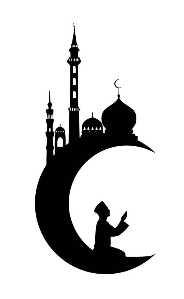 illustration of moon with masjid and man praying